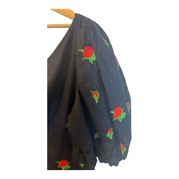 Fanm Mon Flame Size Mini Linen One Sleeve L Ruffle Hem Floral Embroidery Dress - Picture 5 of 11